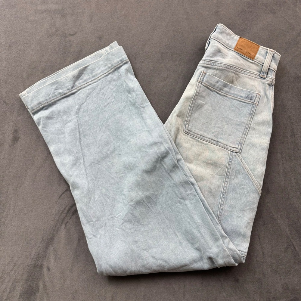 American Eagle High Waisted Wide Leg Carpenter Jeans Light Wash Blue Size 0